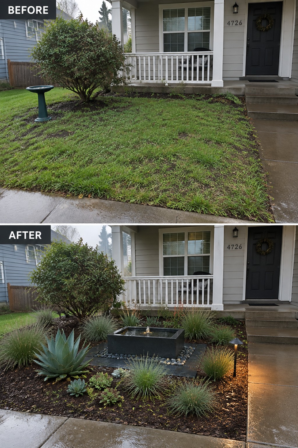 Before and after of front yard: overgrown lawn transformed into landscaped garden with fountain and succulents.