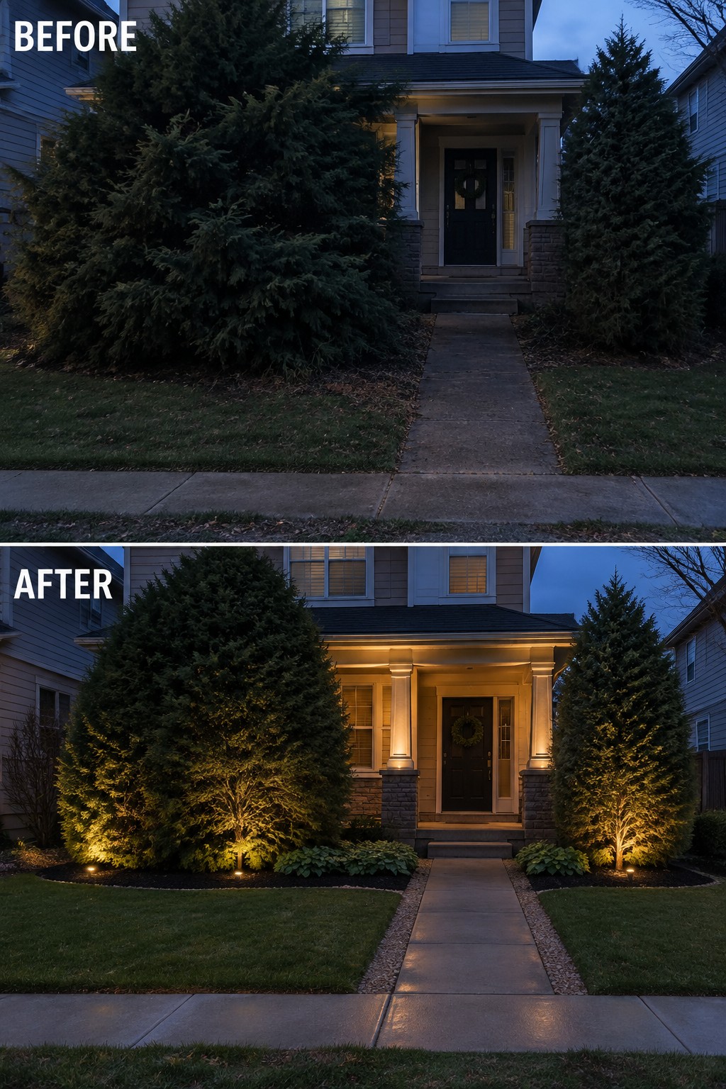 Before-and-after image of a front yard with large dark shrubs changed by adding landscape lighting on the trees, gravel borders along the walkway, and defined mulched beds.