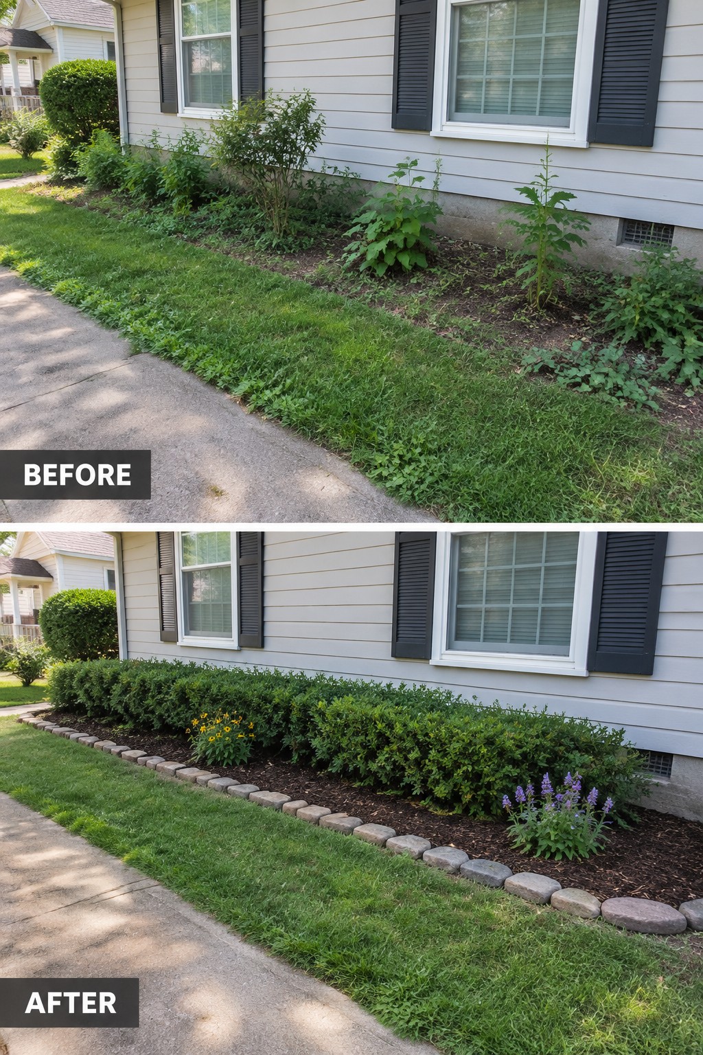Before and after of house foundation: weeds replaced by mulched garden bed with flowers and shrubs.