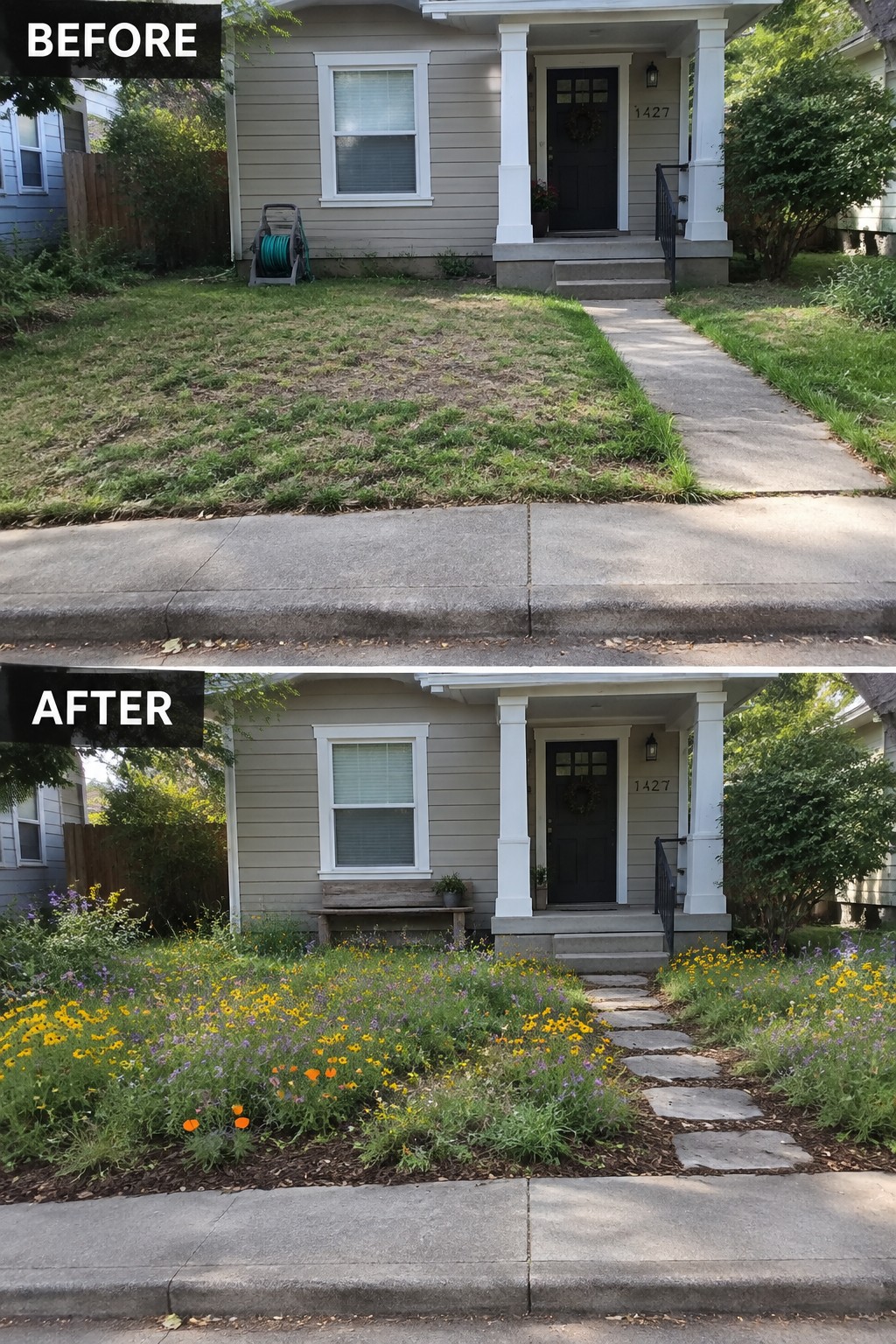 House yard before patchy lawn and after colorful wildflowers with stone path