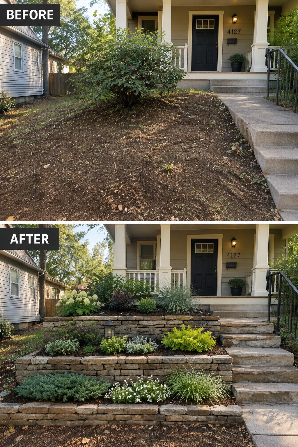 Before-and-after image of a bare dirt slope in front of a house changed into tiered stone retaining walls with planted garden beds.