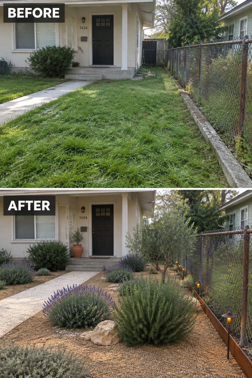 Before-and-after image of an overgrown front yard changed into a landscaped space with gravel beds, lavender, shrubs, rocks, and metal edging along the fence.