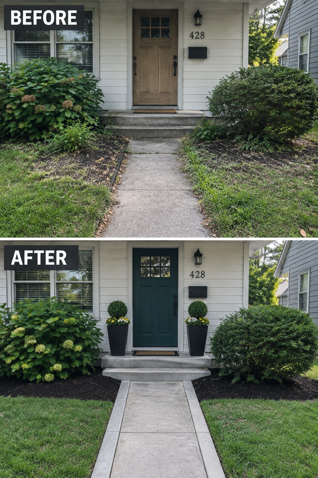 Before-and-after house entrance with new green door, pots, and landscaping.