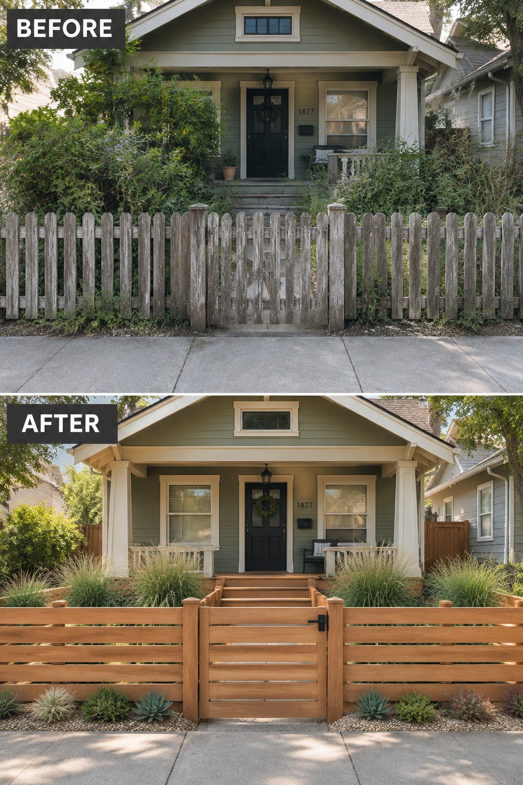 Before and after views of green house with old picket fence replaced by modern wooden gate and landscaping.