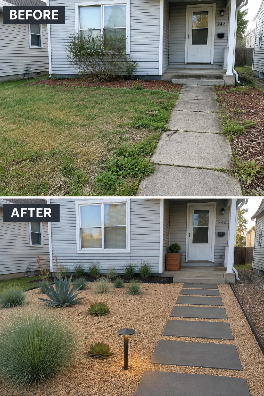 Before-and-after image of a front yard with patchy grass changed to a gravel area with stepping stone path and planted beds.