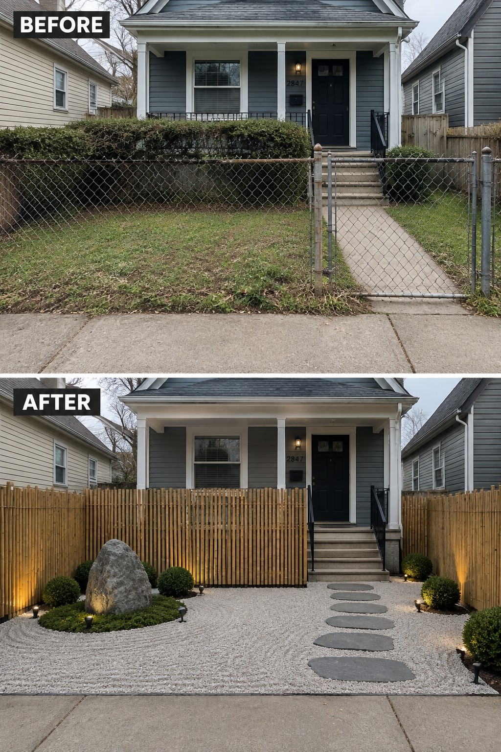 Before and after yard makeover: chain-link fence replaced by bamboo fence and zen garden.