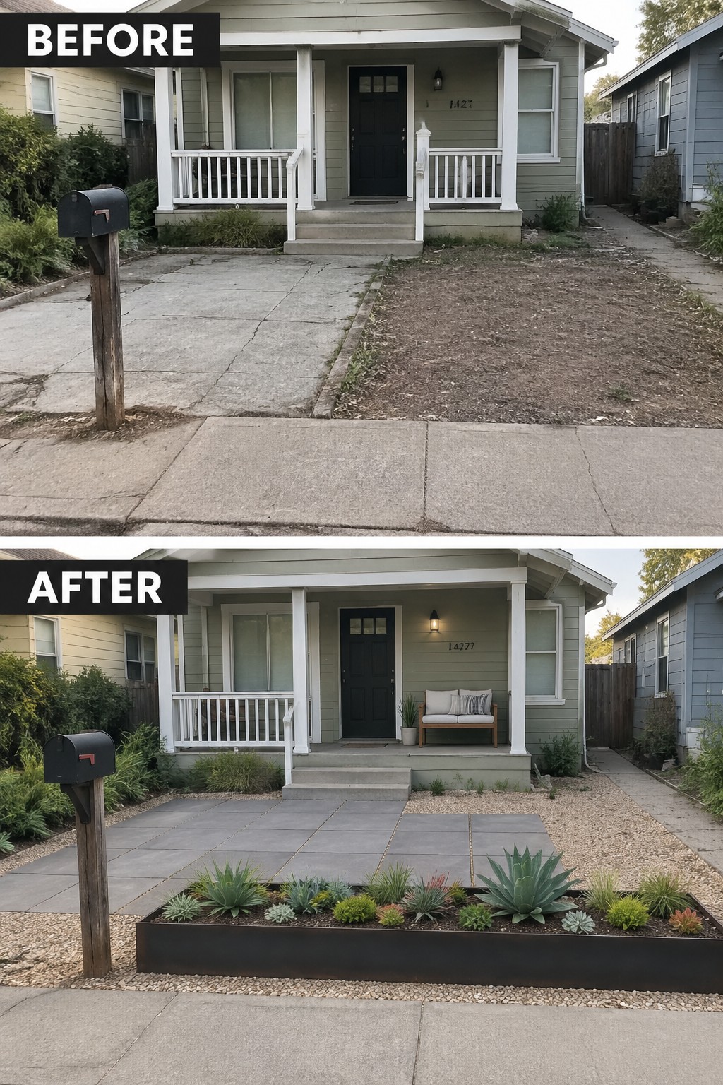 Before-and-after image of a small front yard changed from bare dirt and cracked concrete to pavers, gravel, and a long raised planter with succulents.