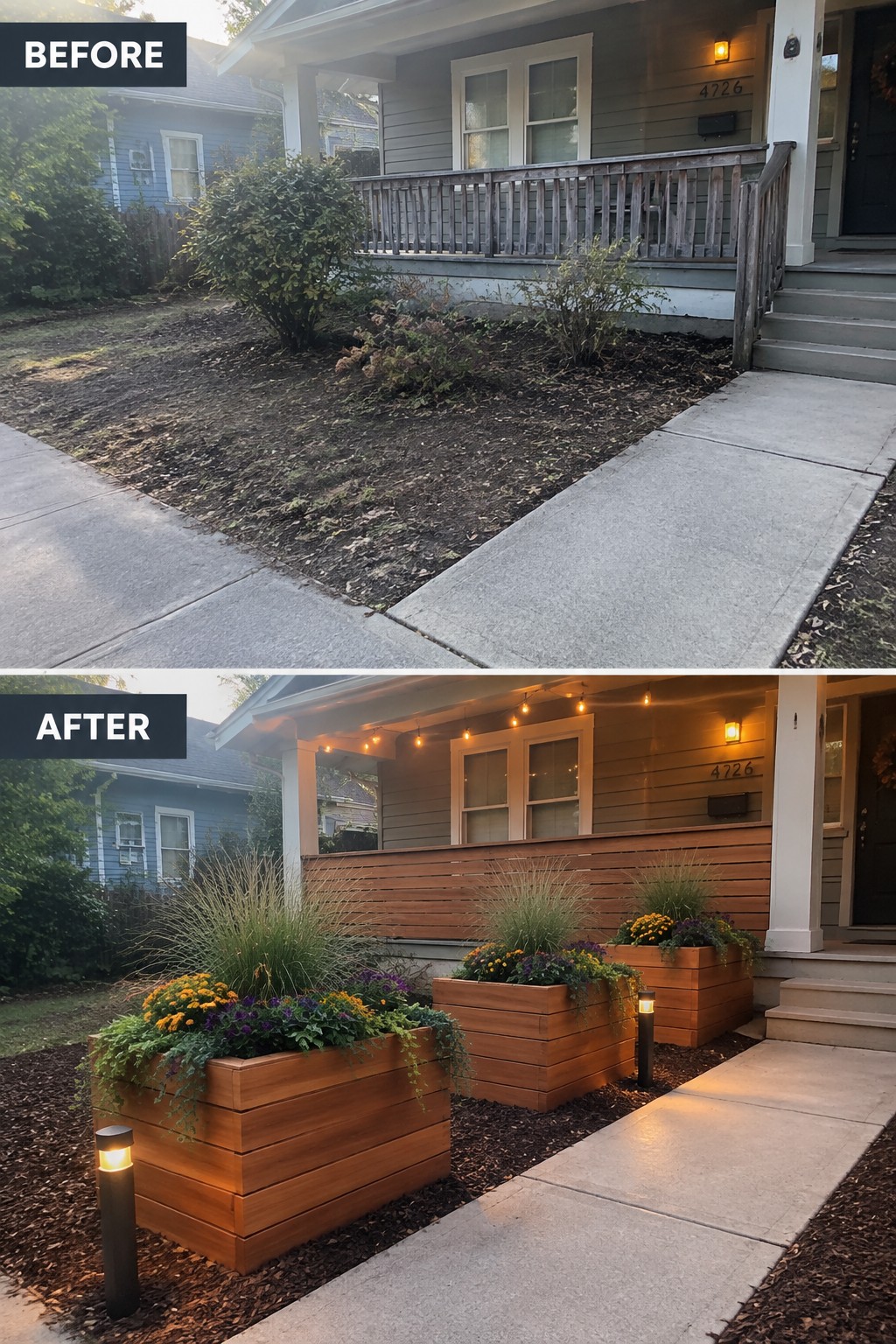 Before and after of gray house porch with new wooden planters, flowers, and string lights.