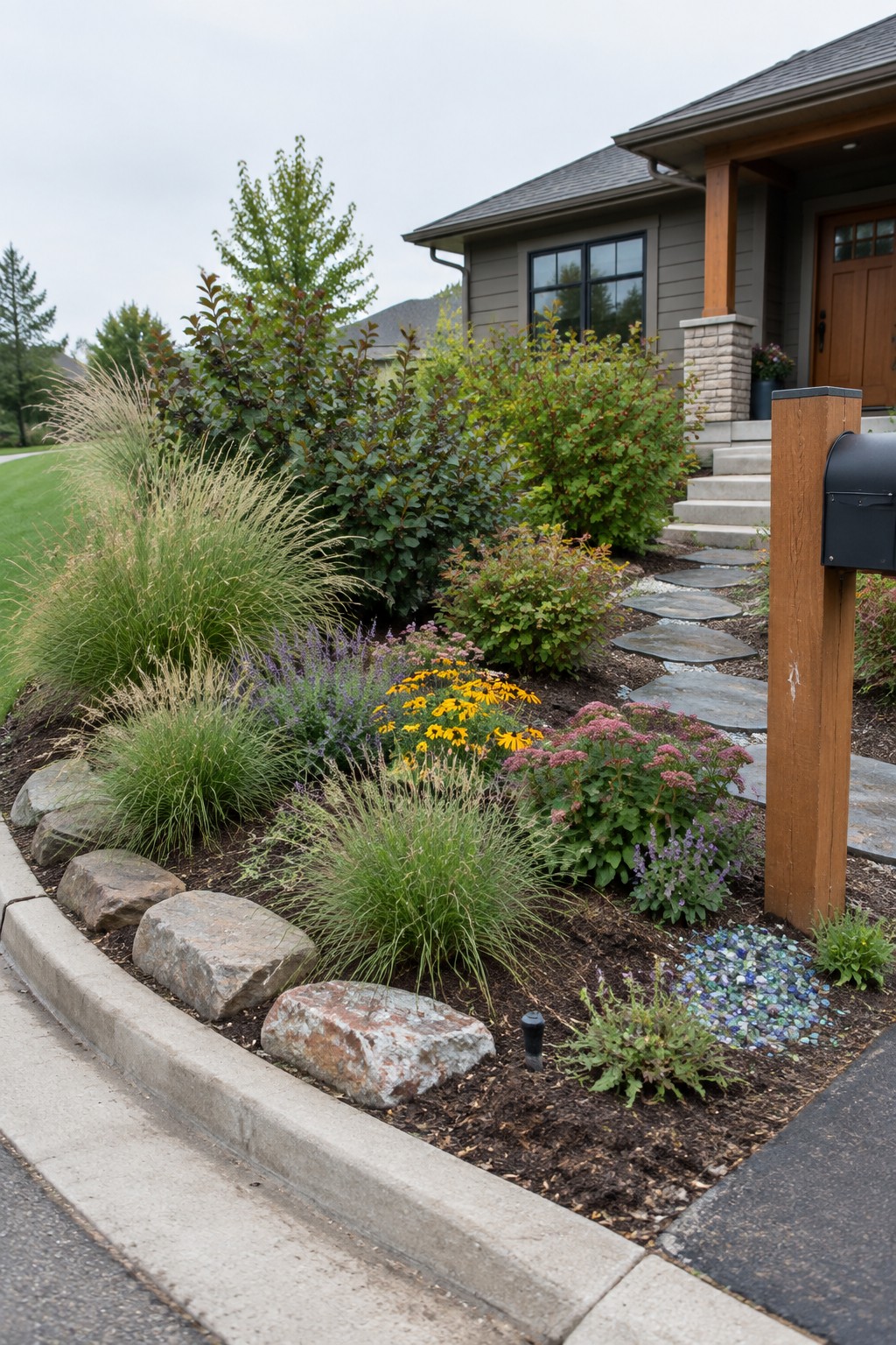 A front garden bed curves along a house with layered grasses, yellow and purple perennials, shrubs, rocks, and a stone path leading to the entrance.