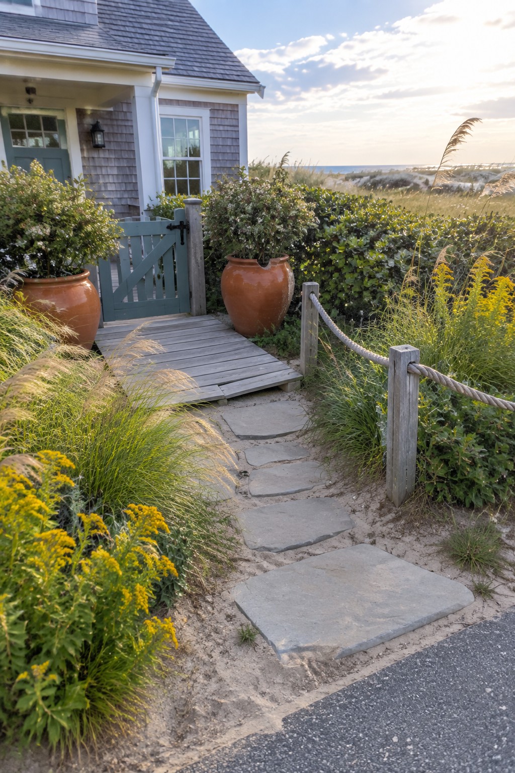 A weathered wooden gate opens onto a sandy path lined with stone steps, bordered by tall grasses, yellow flowering perennials, and large terracotta pots near a shingled beach house.