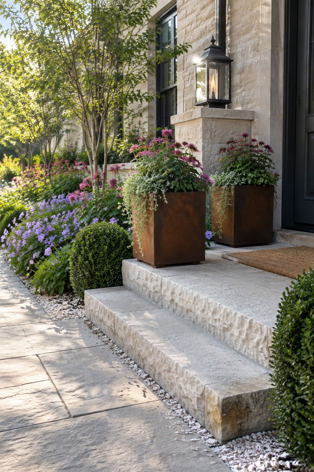 Stone steps lead to a house entrance with two large rusted metal planters holding pink and green plants, next to a garden bed of purple flowers and greenery along the path.