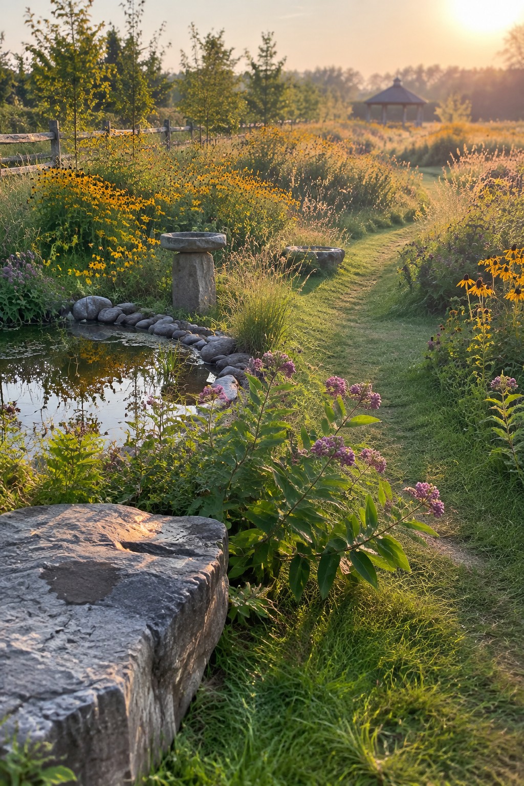 A winding grass path runs beside a stone-edged pond, with yellow black-eyed Susans, purple blooms, and tall grasses growing along the borders at sunset.