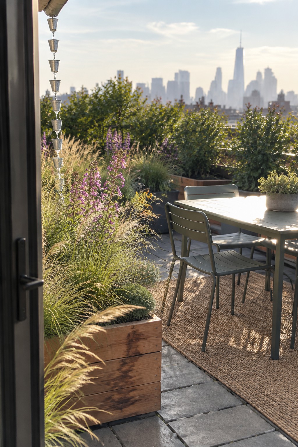 A rooftop terrace features a wooden planter with tall grasses and purple perennials beside a green metal table and chairs on a woven rug, with a city skyline visible in the distance.