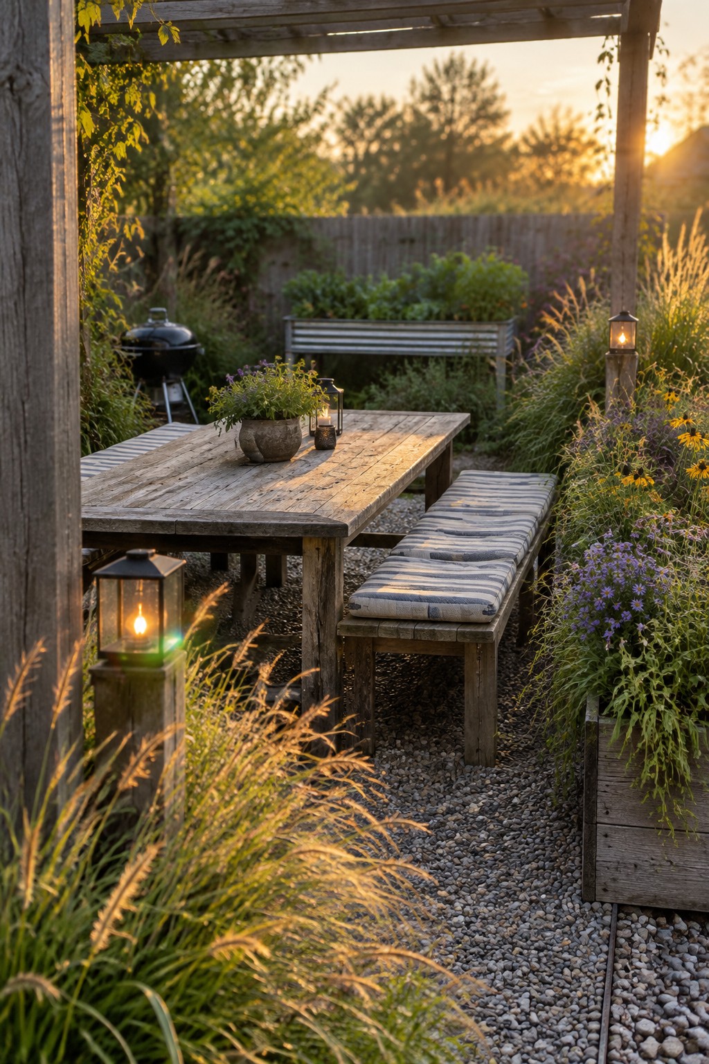 A wooden dining table and bench under a pergola sit on gravel, surrounded by layered grasses and flowering perennials with lanterns placed nearby.