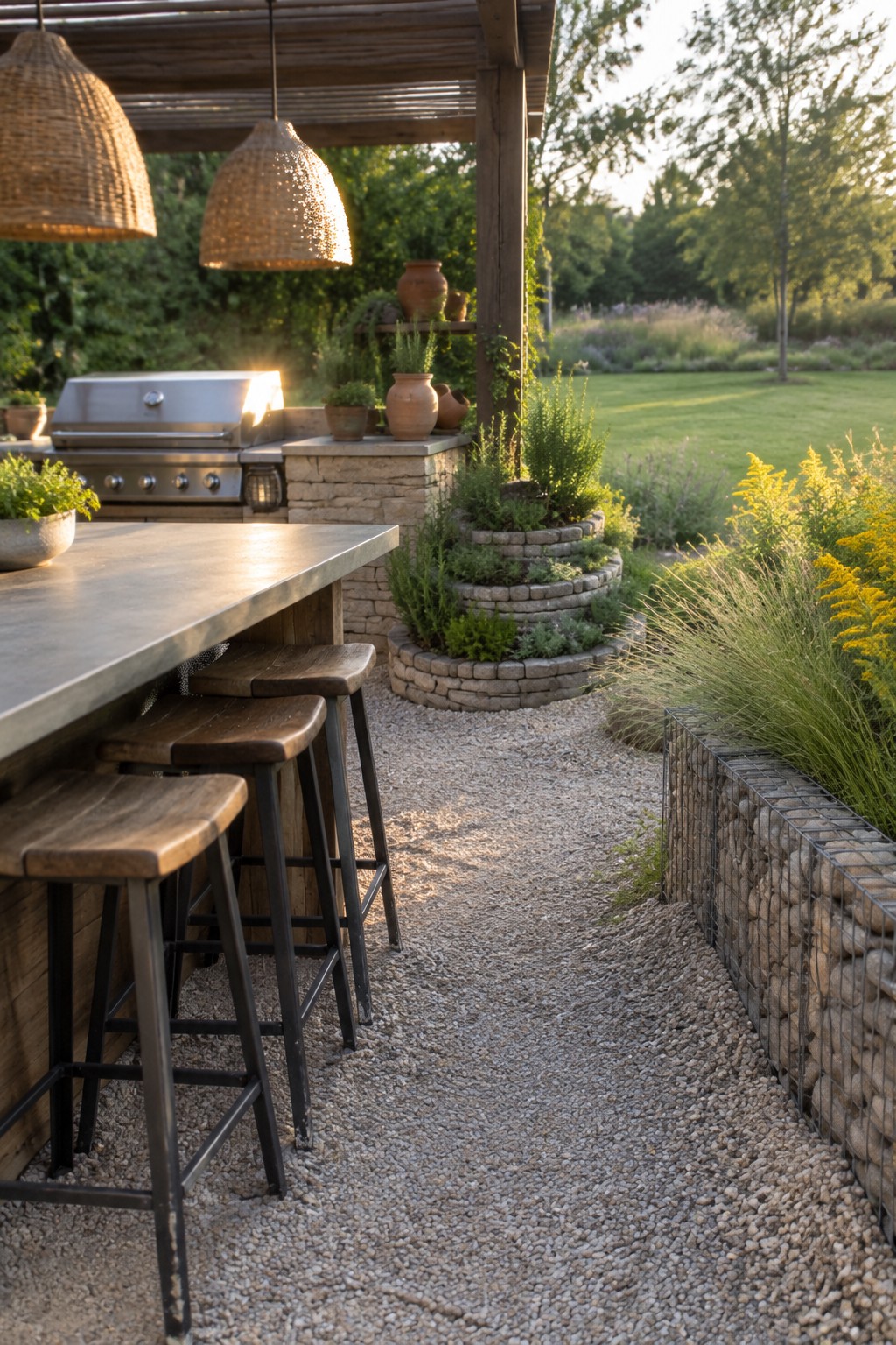 An outdoor kitchen bar with wooden stools sits beside a gravel path bordered by a gabion stone wall and tiered stone planters filled with layered shrubs and grasses.