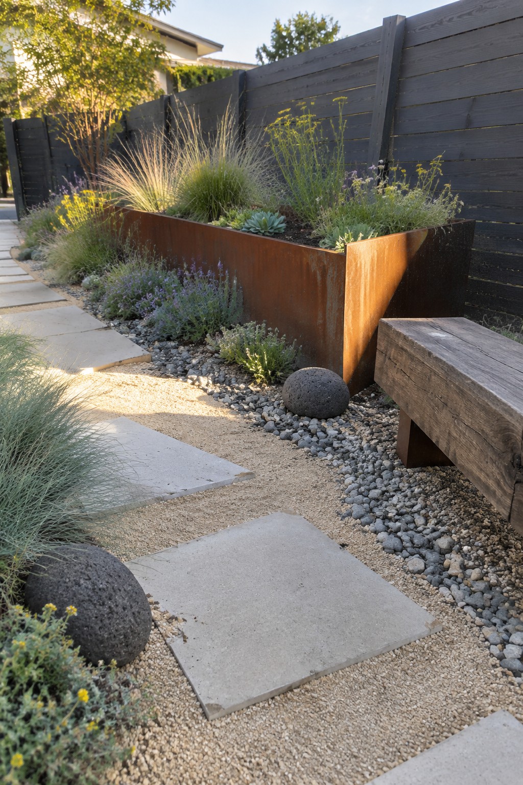 A garden scene shows a large rectangular raised bed made of rusted steel filled with grasses and perennials, set beside a gravel path with concrete stepping stones and a wooden bench against a dark fence.