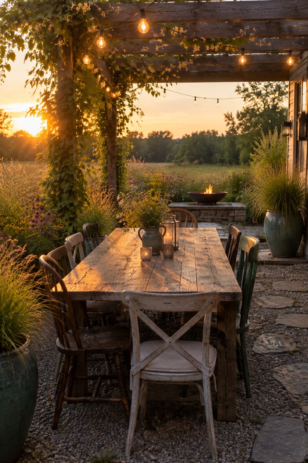 A long rustic wooden table with assorted chairs sits under a pergola draped in vines and string lights, surrounded by tall grasses and flowering perennials with a fire pit visible beyond.