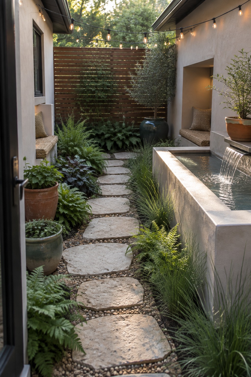 Stone path winds through lush ferns beside concrete water feature under string lights.