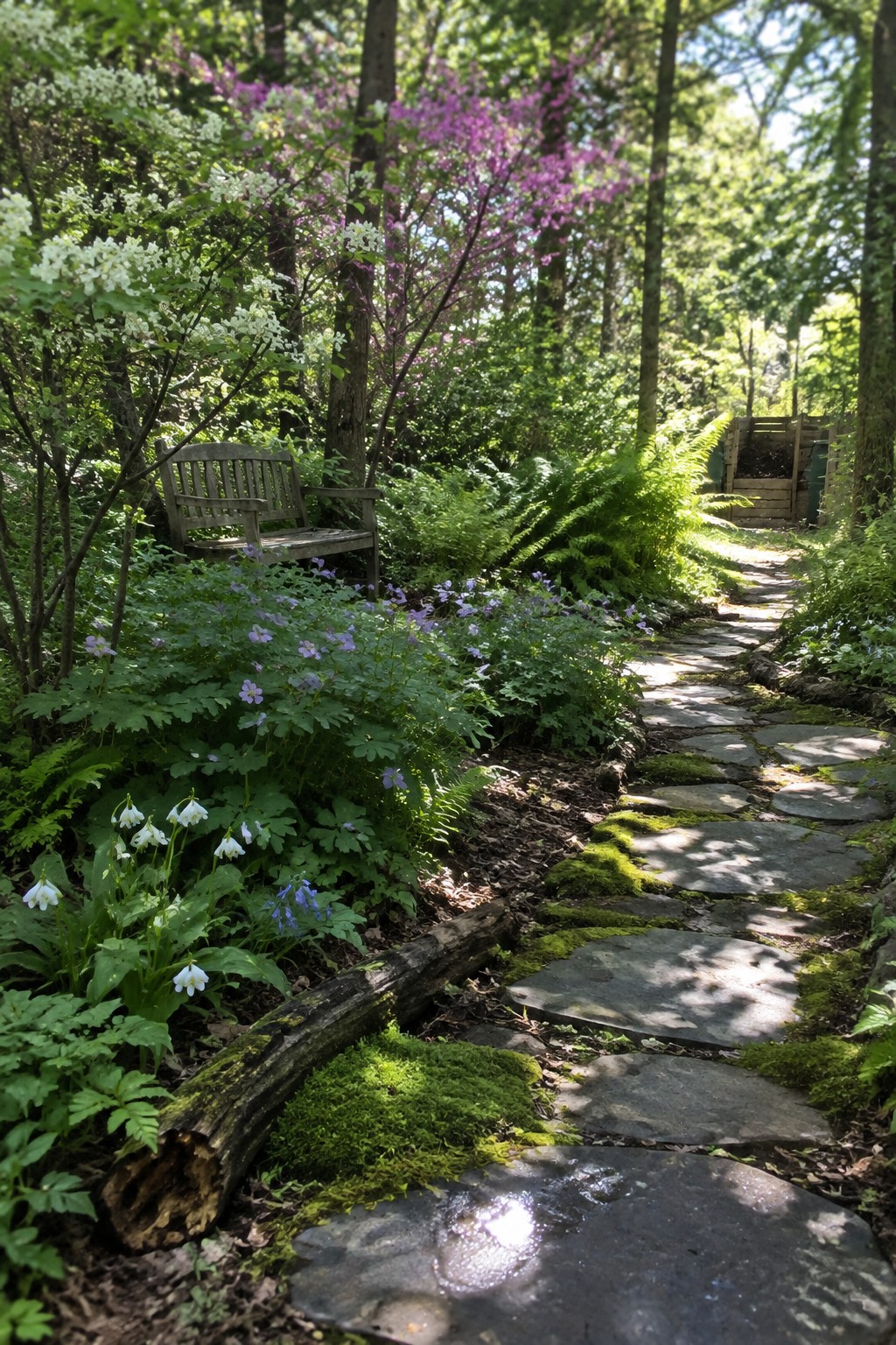 Mossy stone path winding through lush forest with wooden bench and wildflowers