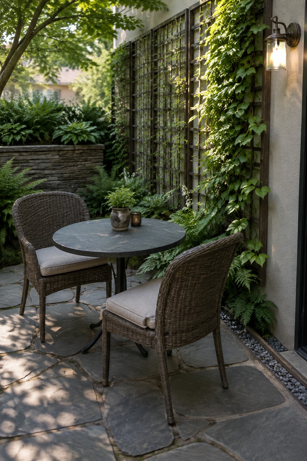 Two wicker chairs and round table on stone patio by ivy-covered lattice with lantern