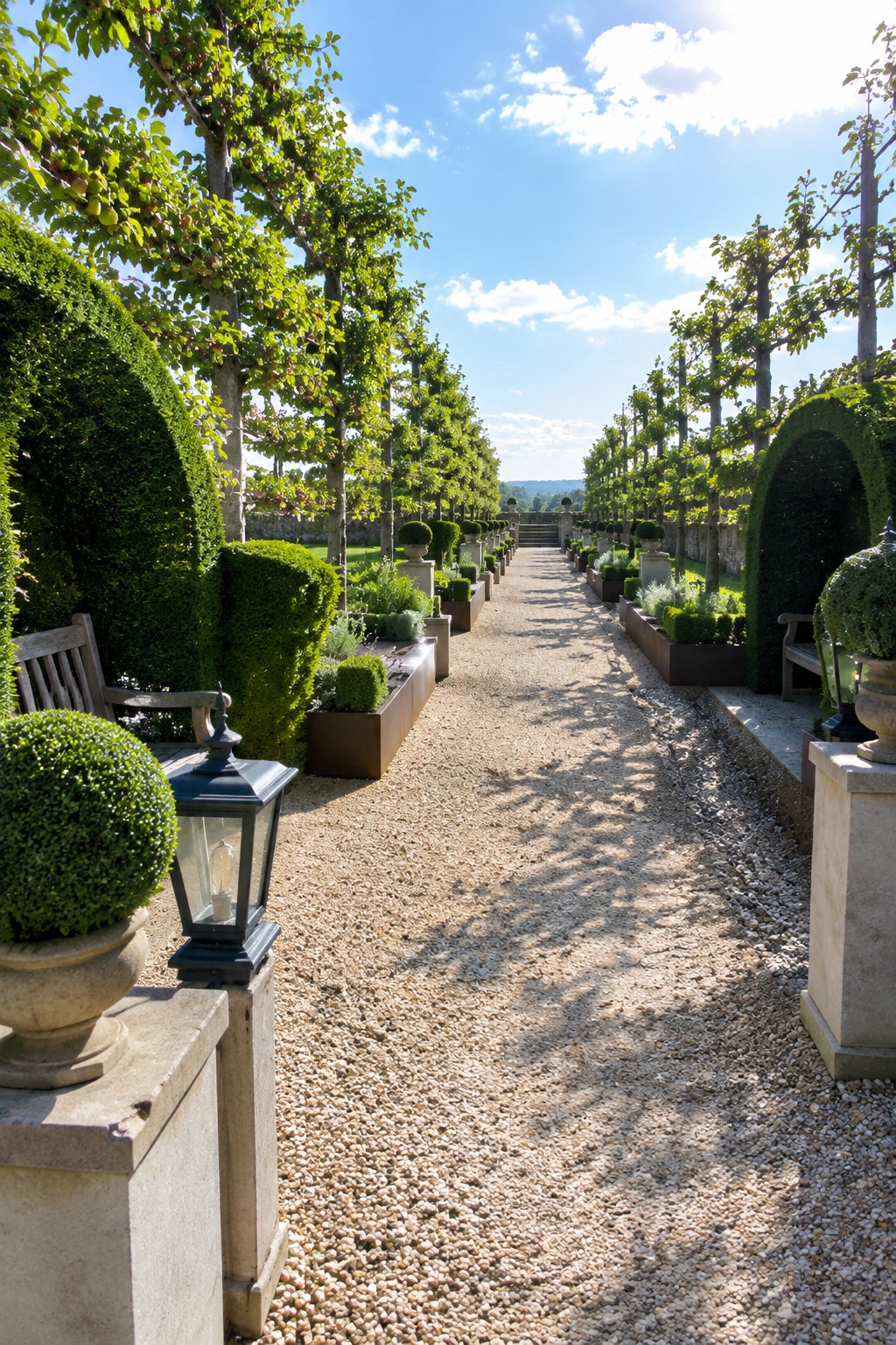 A long gravel path runs between symmetrical rows of trees, hedges, and raised planters in a formal garden.