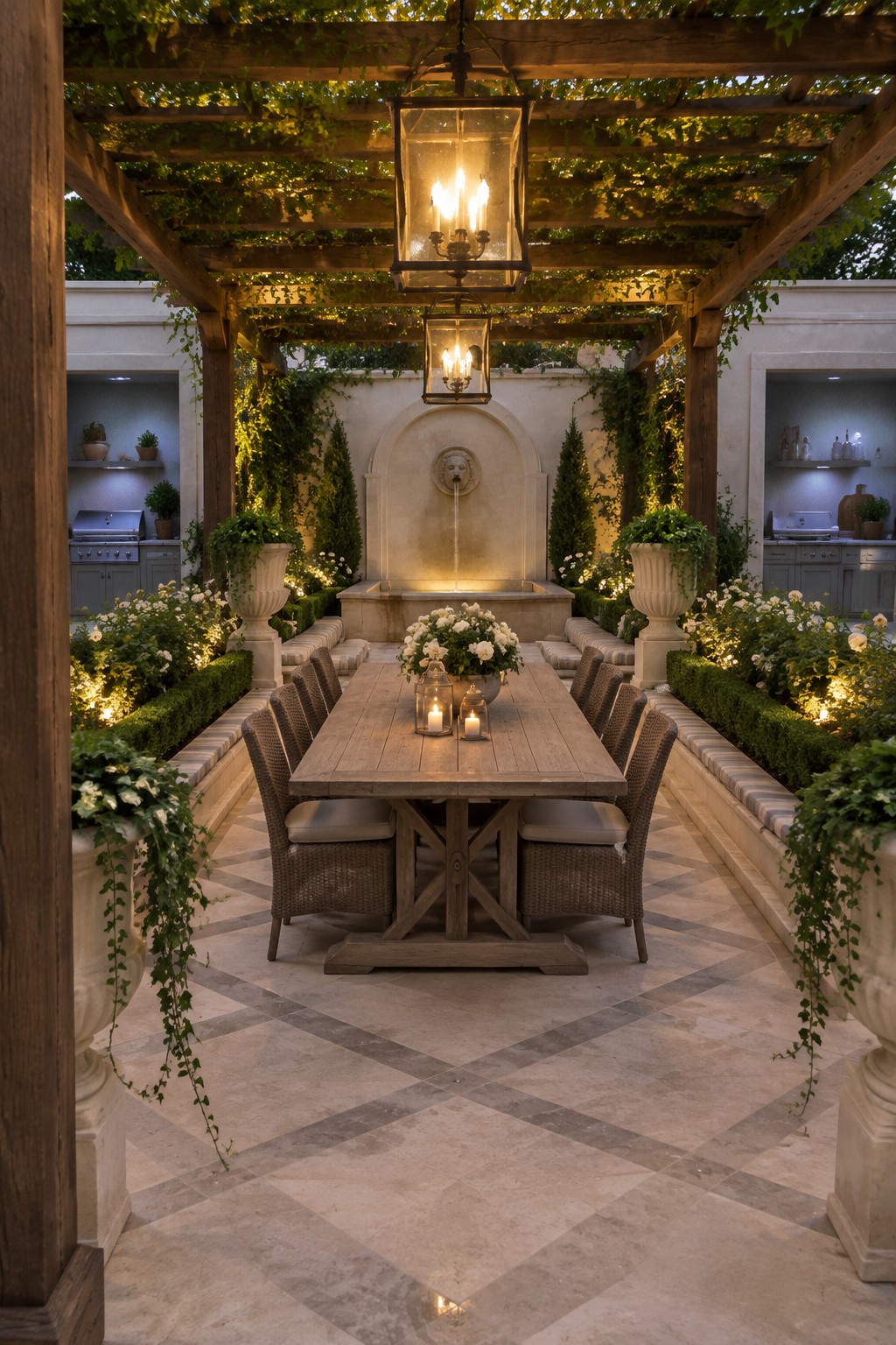 Elegant outdoor dining table with wicker chairs under vine-covered pergola and lanterns