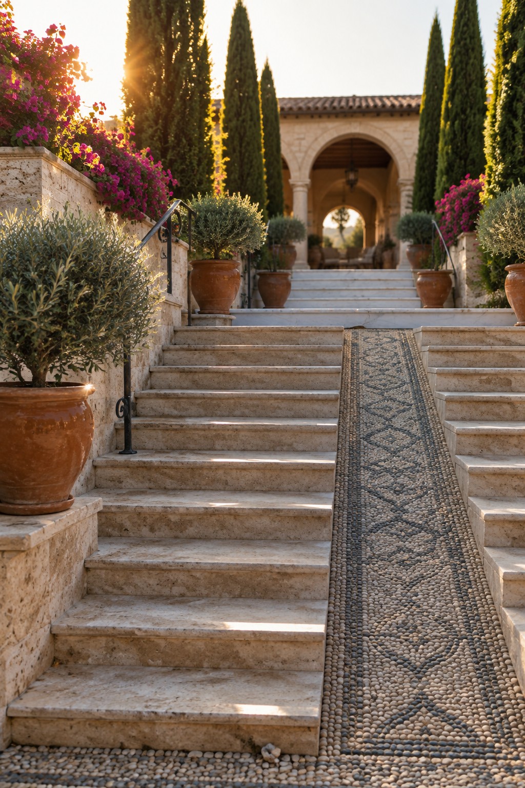 A wide stone staircase divided by a central patterned pebble mosaic path, flanked by potted plants and tall cypress trees leading toward an arched stone building.