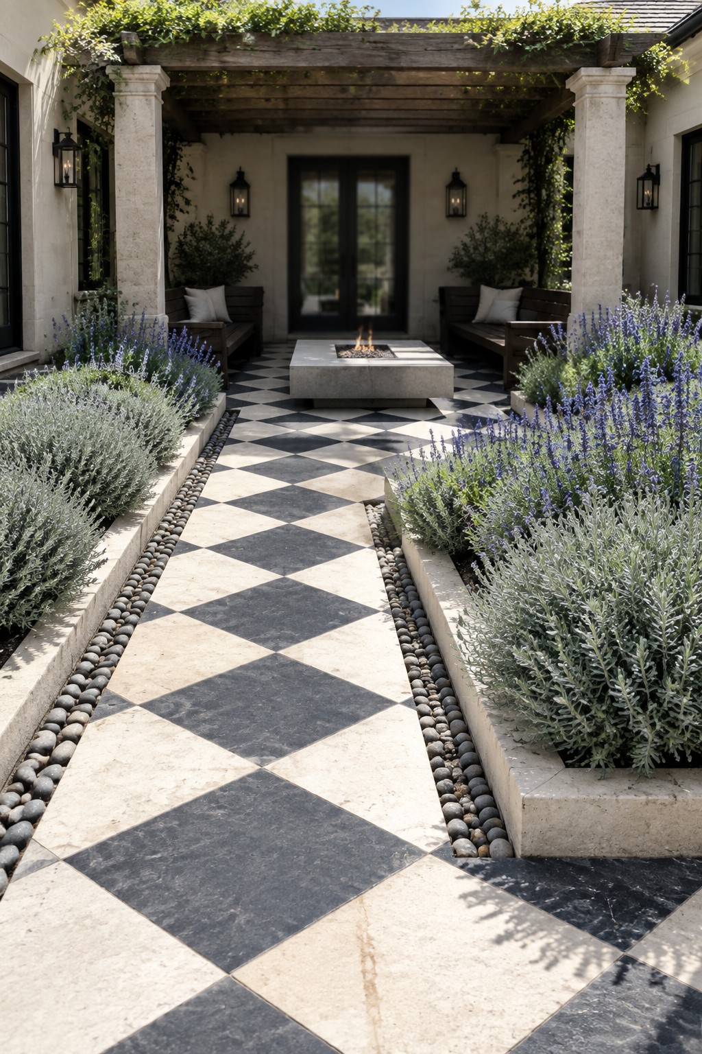 A formal outdoor courtyard with a black and white checkerboard stone path lined by raised beds of lavender and gray foliage, leading toward a concrete fire pit under a wooden pergola.