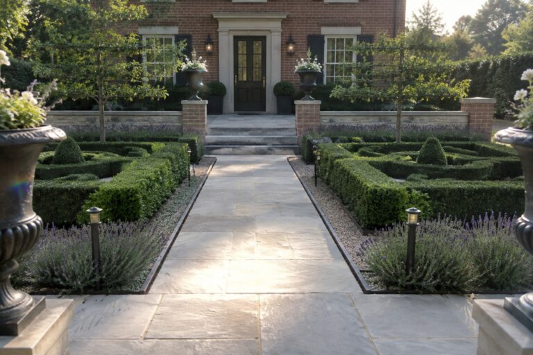 21 Polished Formal Garden Design Ideas Using Geometric Beds and Symmetrical Paths A stone path runs between rows of geometric boxwood hedges and lavender, flanked by dark urns on brick pillars leading toward a brick house.