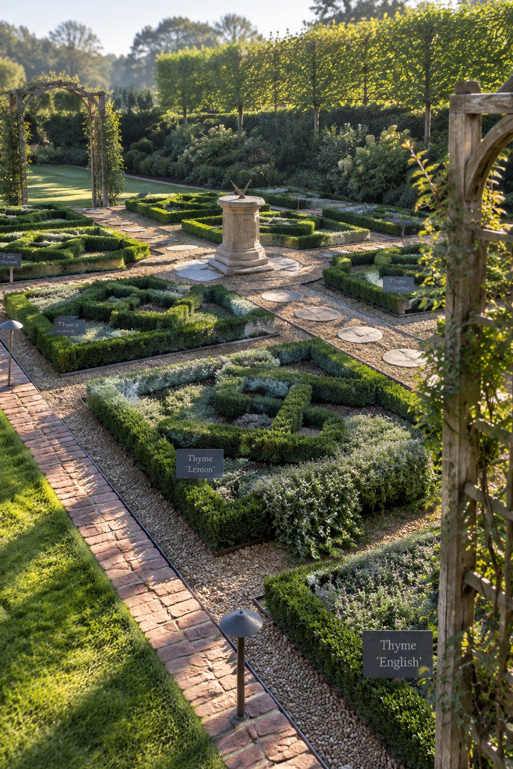 A formal garden layout with multiple geometric herb beds, gravel paths, and a central stone sundial.