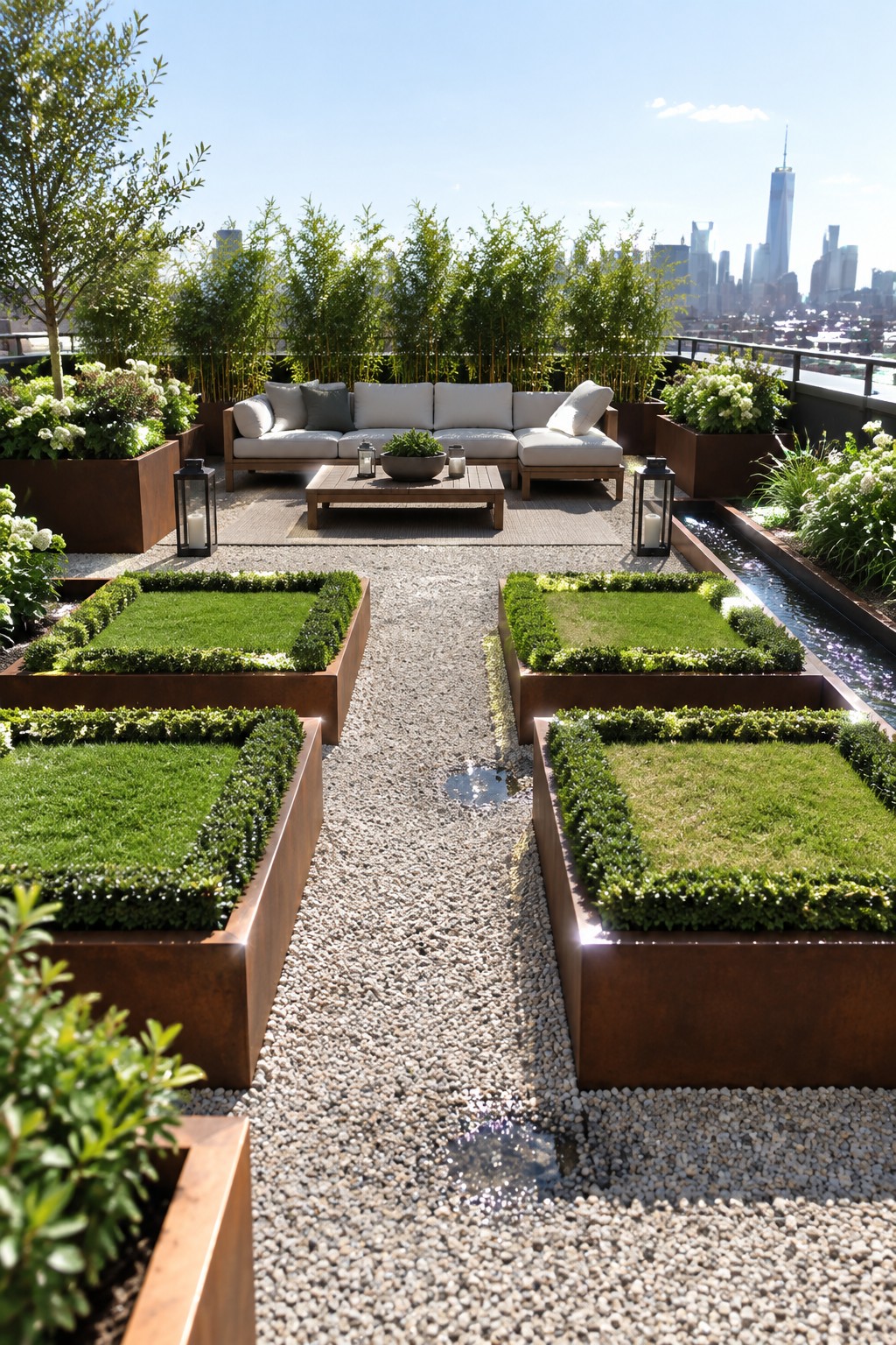 Rooftop garden with four rectangular raised beds of grass and hedges arranged symmetrically around a central gravel path, with a seating area and city skyline in the background.