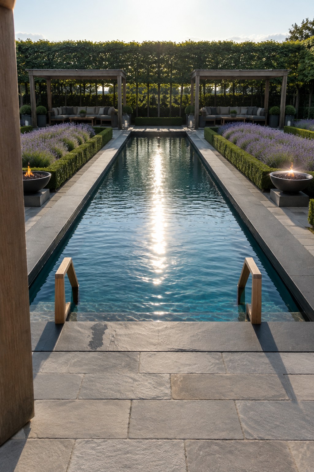A long rectangular pool with symmetrical lavender beds and hedges on both sides, wooden pergolas at each end, and fire bowls on stone plinths, viewed from stone steps.