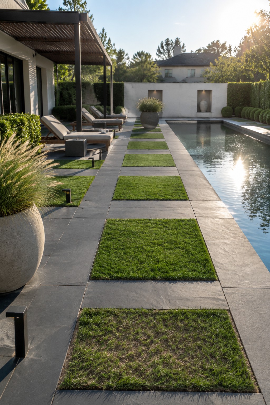 A straight stone pathway with rectangular grass insets runs parallel to a long rectangular pool in a formal garden with structured hedges and large planters.