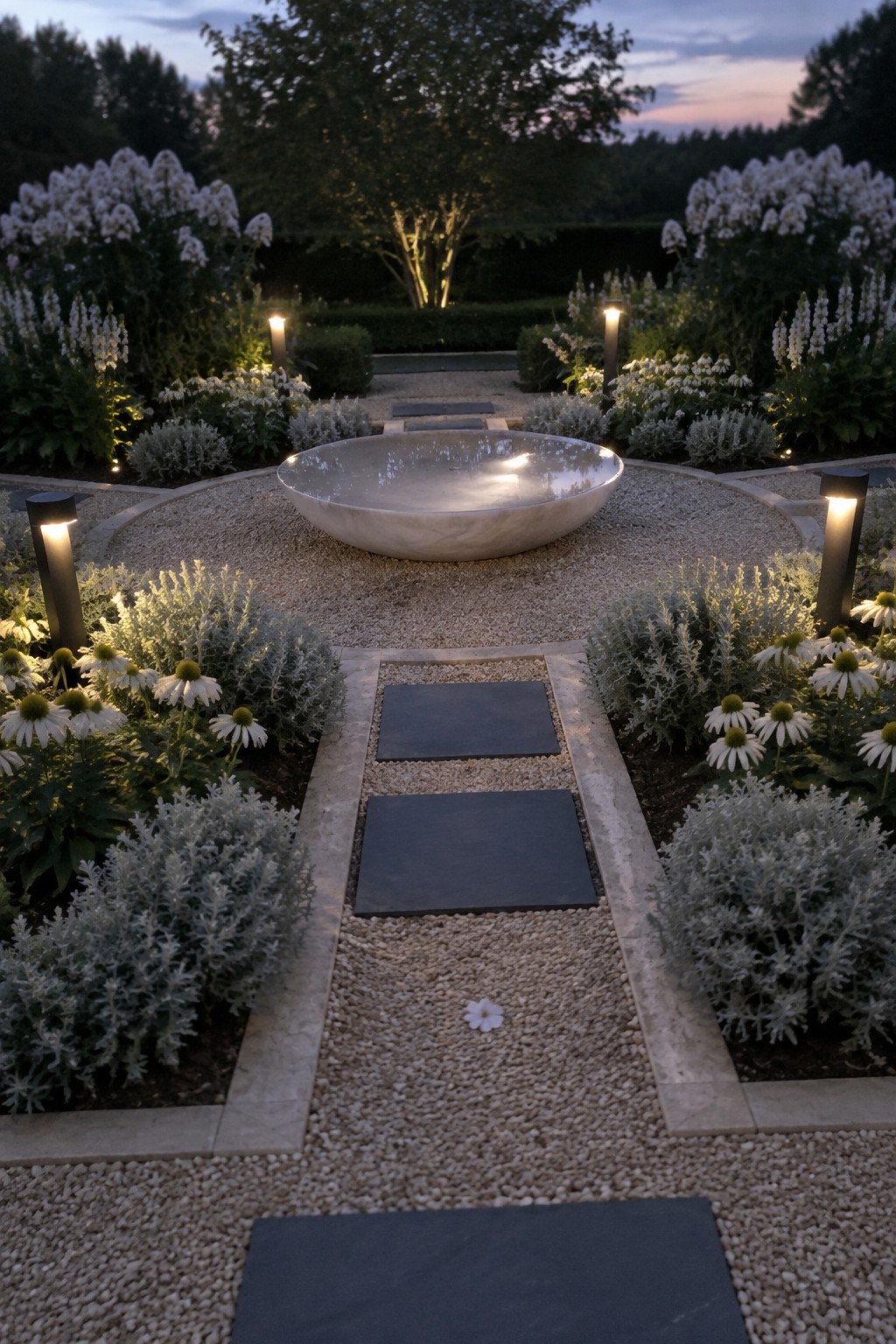 A formal garden features a central stone bowl on gravel surrounded by white flowering plants and low shrubs, with a straight path of dark rectangular stones leading through the center.