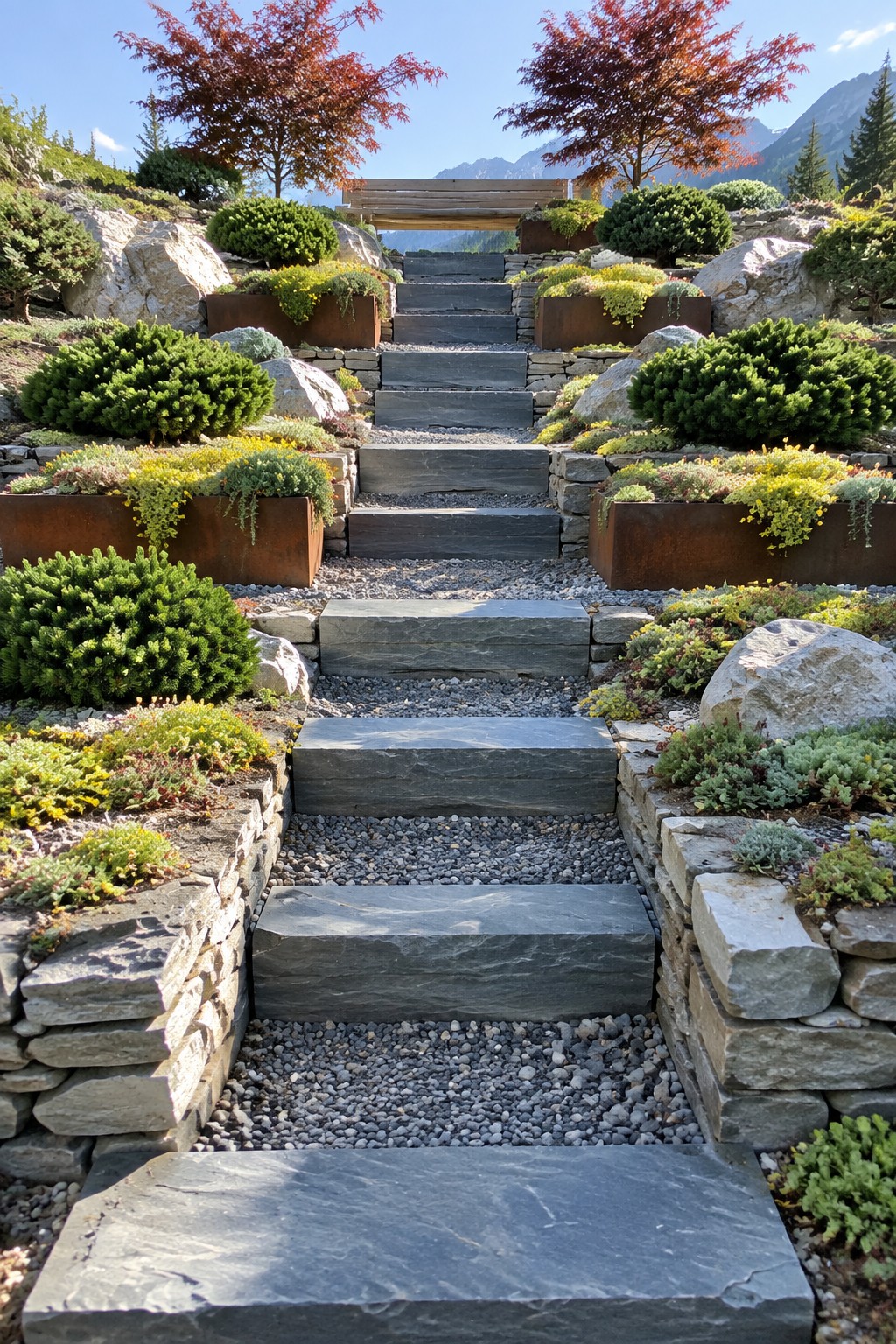 Stone steps descend through terraced gardens with metal planters, shrubs, and red trees.