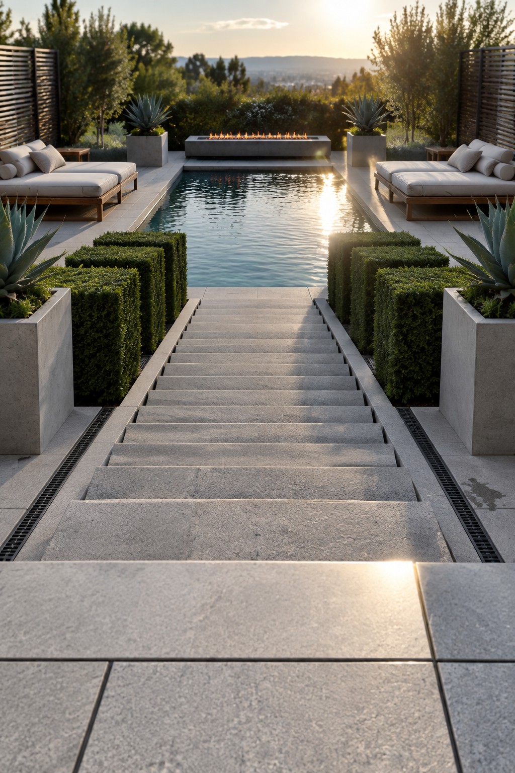 Stone stairs descend between rows of geometric boxwood hedges toward a long rectangular pool with a fire pit at the far end.