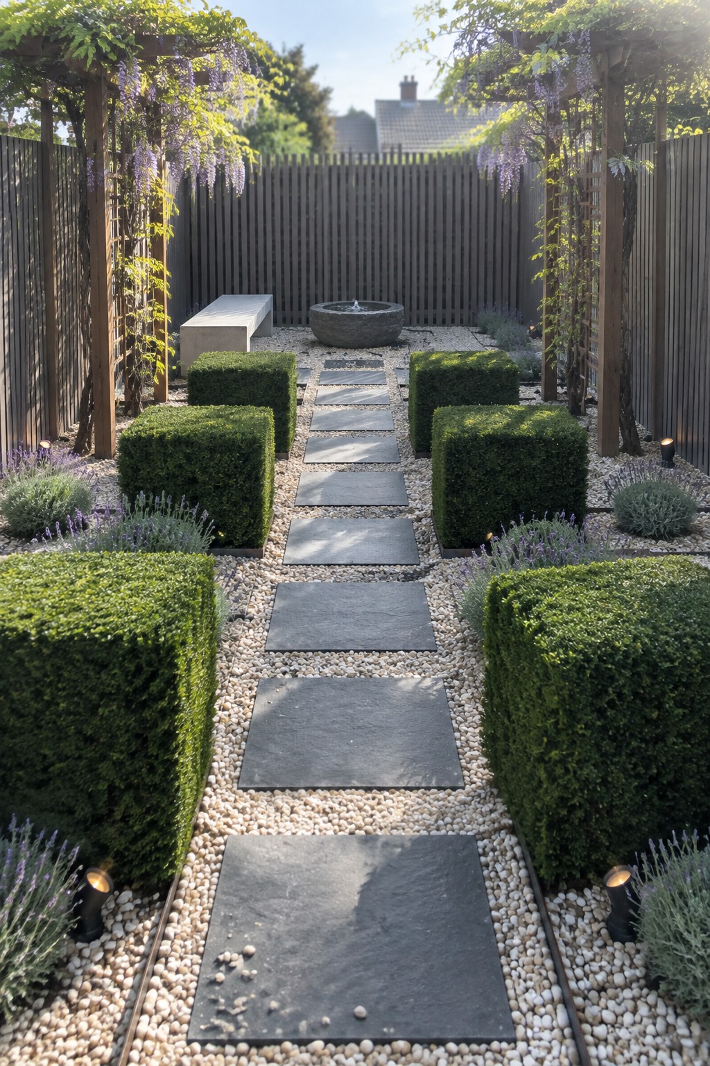 A formal garden with geometric boxwood hedges flanking a path of dark stone slabs set in light gravel, leading to a stone fountain under wooden pergolas covered in wisteria.
