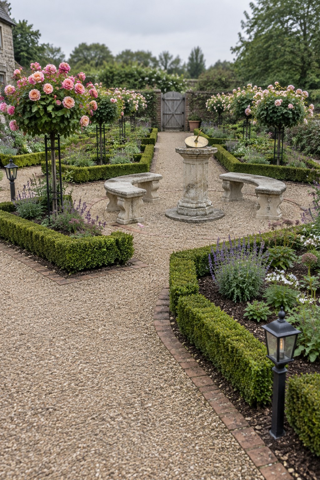 A formal garden featuring gravel paths, geometric boxwood hedges, rose standards, curved stone benches, and a central stone sundial on a gravel courtyard.