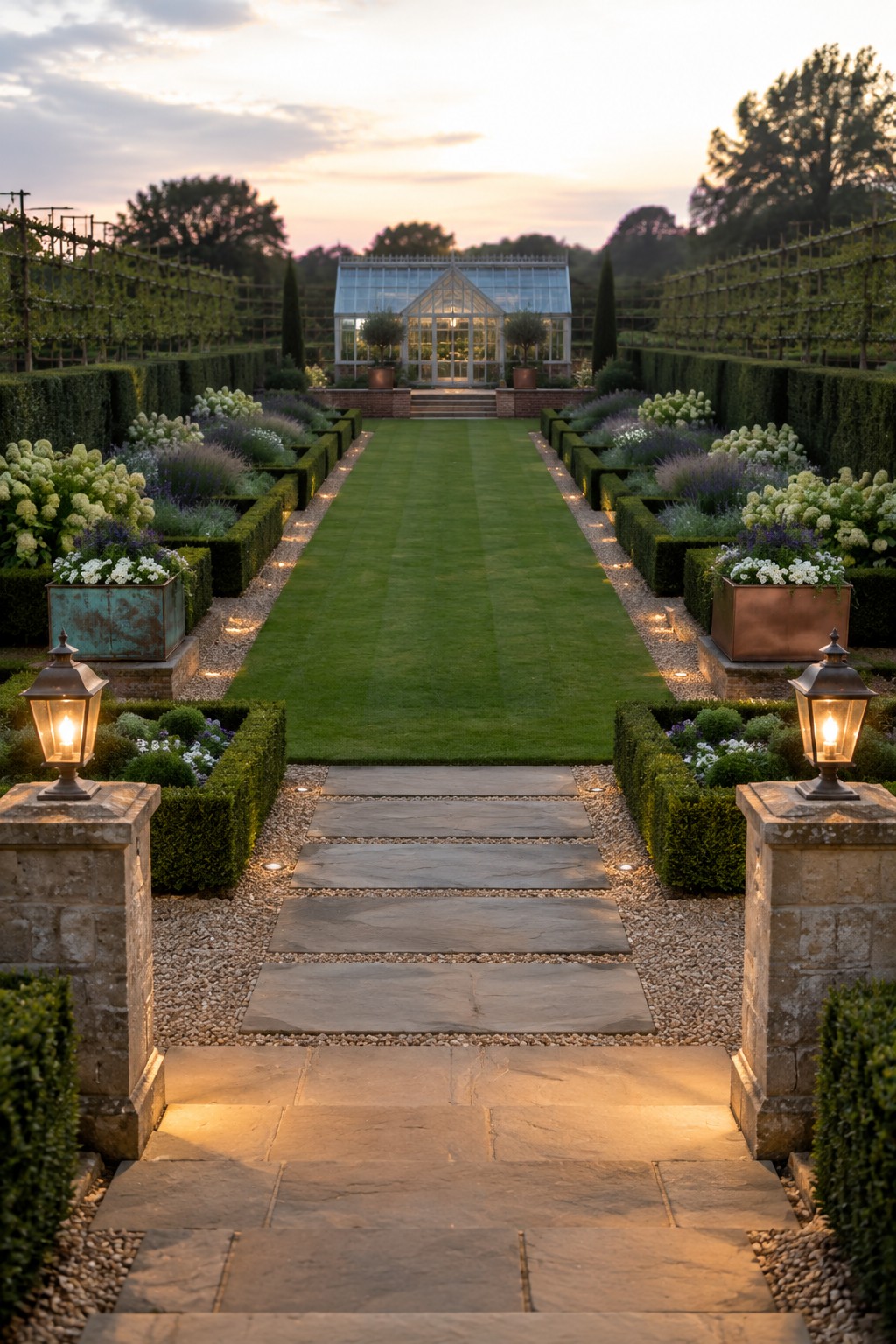 A formal garden features a long central lawn path flanked by symmetrical geometric beds of clipped hedges and flowers, with stone steps and lanterns in the foreground leading toward a glass greenhouse.