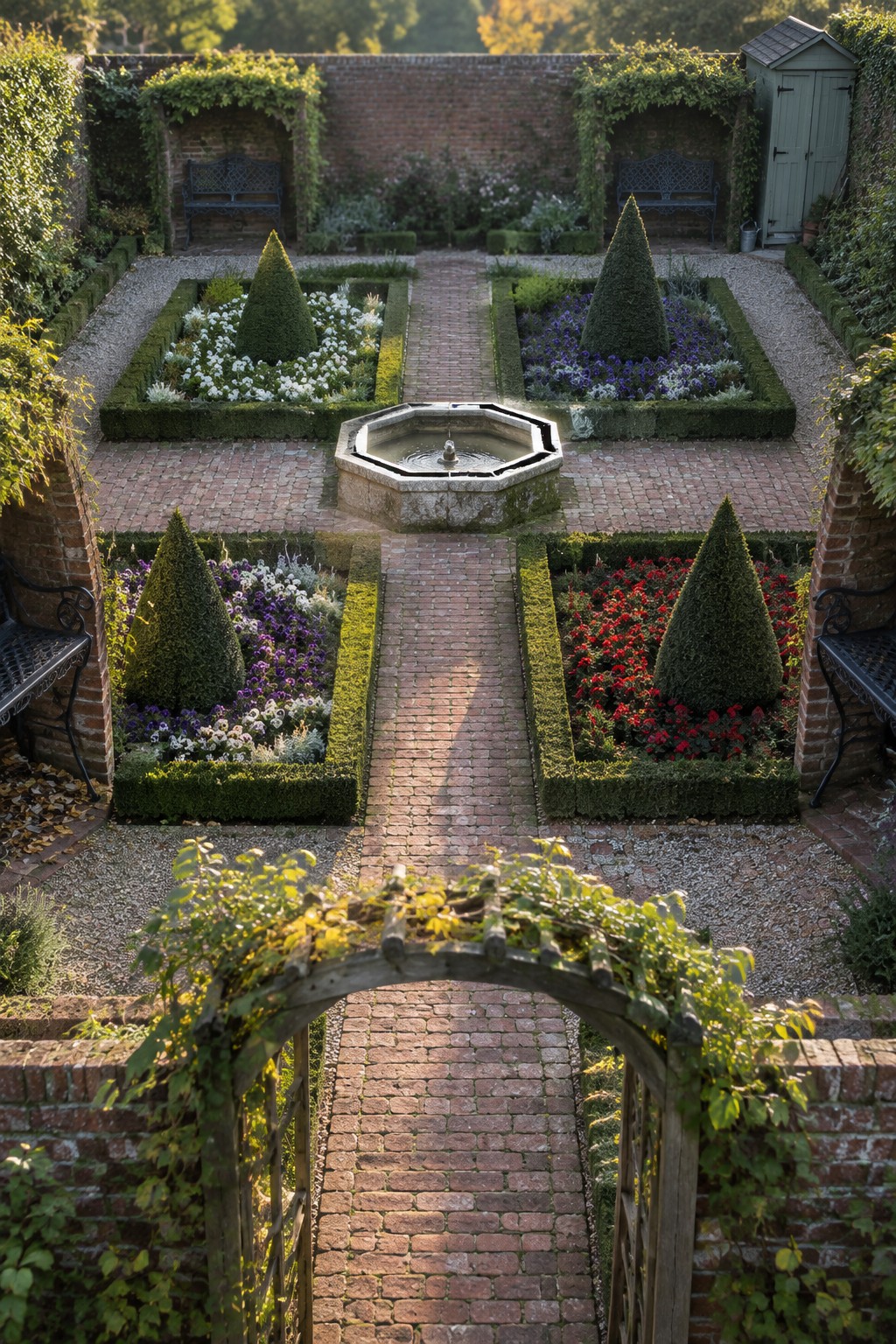 A formal garden with symmetrical geometric beds, a central brick path, and an octagonal fountain viewed through a vine-covered wooden arch.