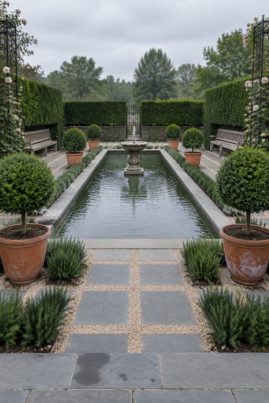 A long rectangular garden pool with a central fountain is flanked by symmetrical clipped hedges, potted topiaries, wooden benches, and stone paths with gravel insets.