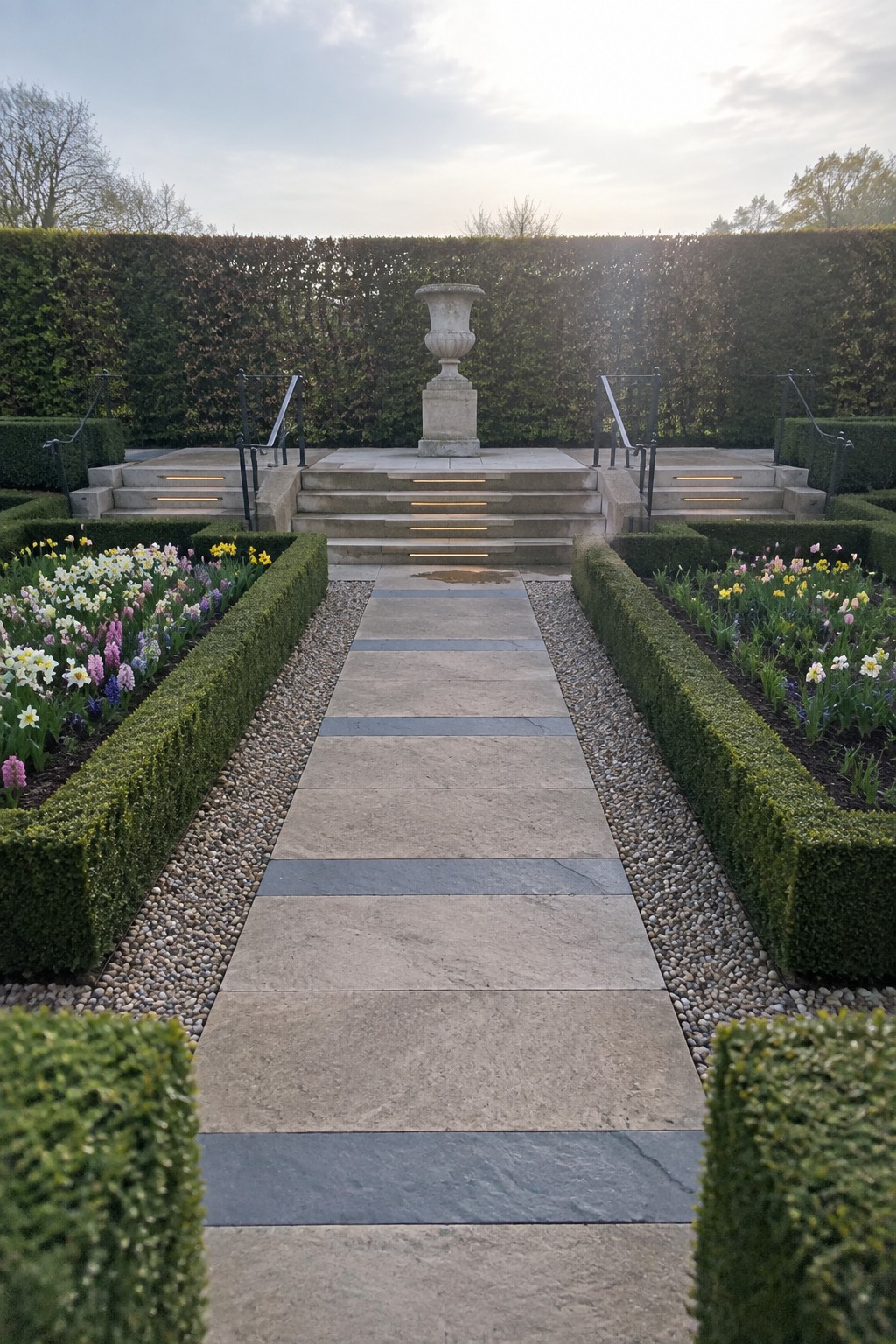 Formal garden path with flower beds leading to stone urn on steps.