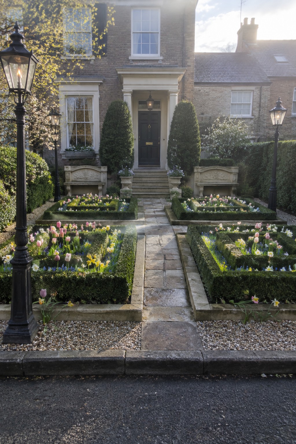 Front garden with a central stone path dividing four square boxwood beds filled with tulips and spring flowers, flanked by stone benches and black lampposts leading to a brick house entrance.
