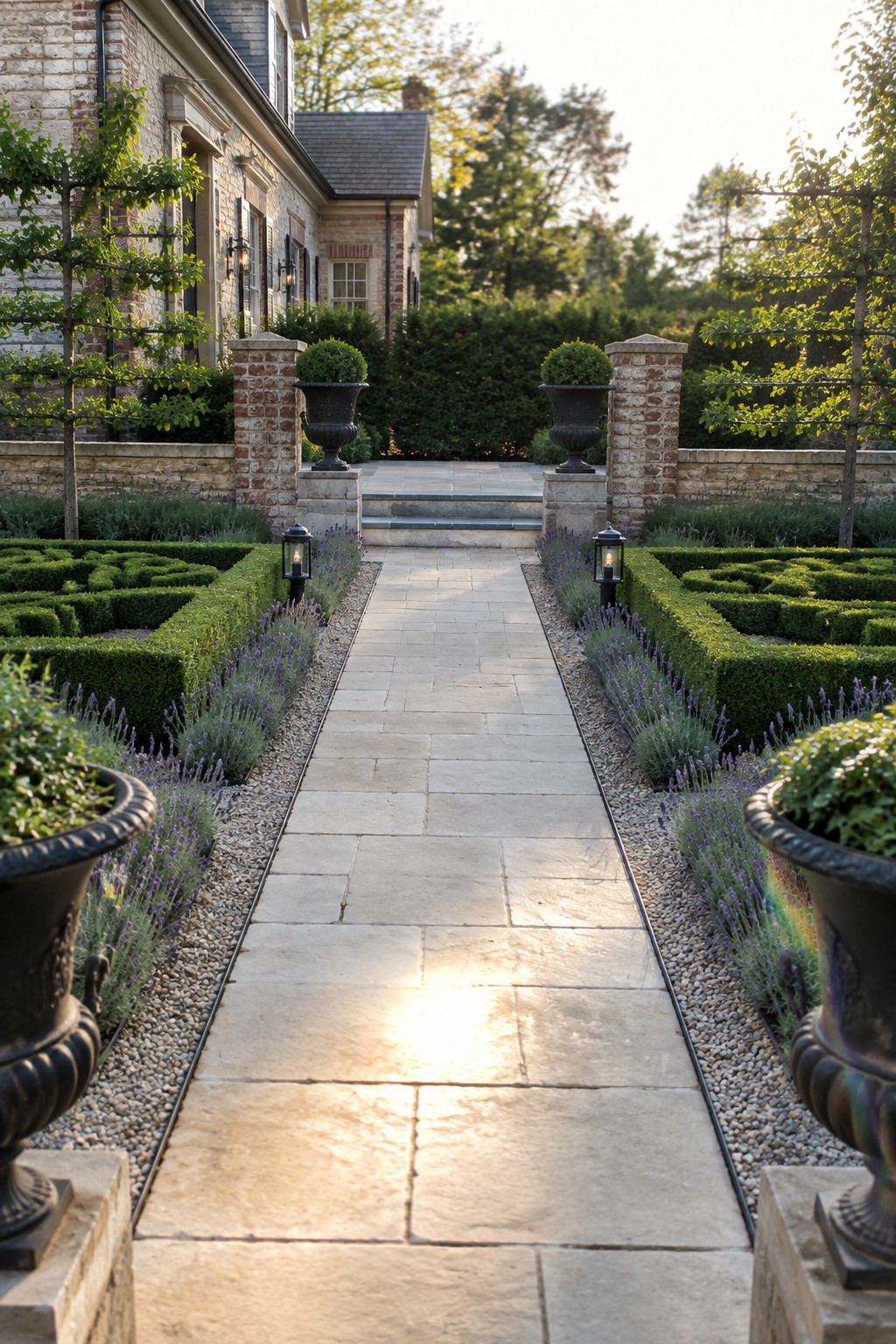 A stone path runs between rows of geometric boxwood hedges and lavender, flanked by dark urns on brick pillars leading toward a brick house.