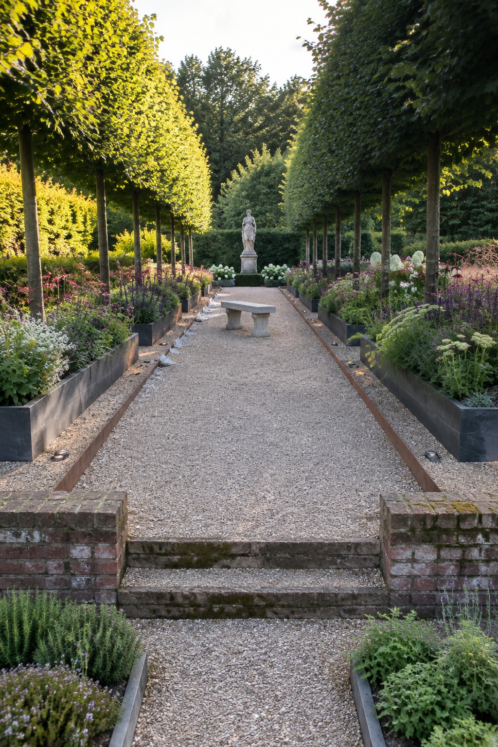 A gravel path runs between two rows of raised garden beds toward a central statue, with trees planted along both sides.