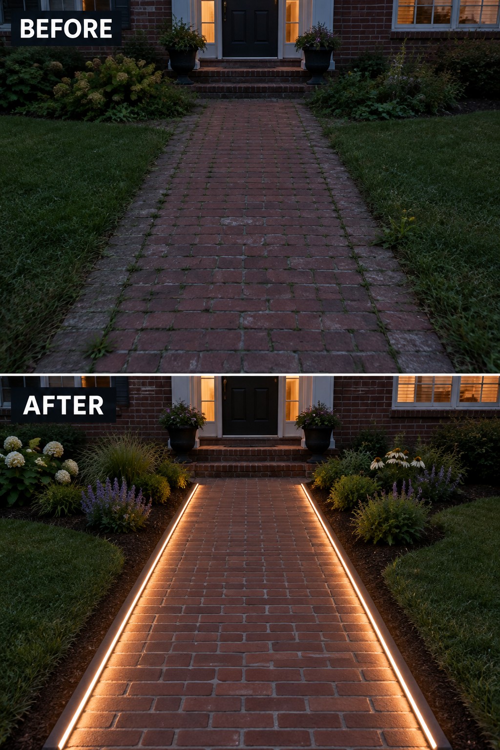 Before-and-after image of a brick walkway updated with linear edge lighting and refreshed garden borders.