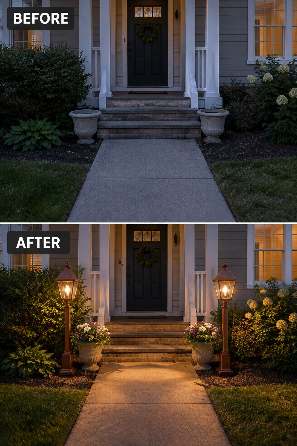 Before and after porch with glowing lanterns and colorful flower planters