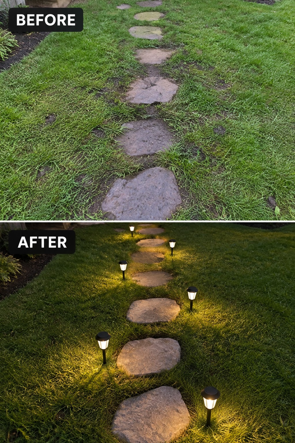 Before and after of stone path in grass with added glowing solar lights.
