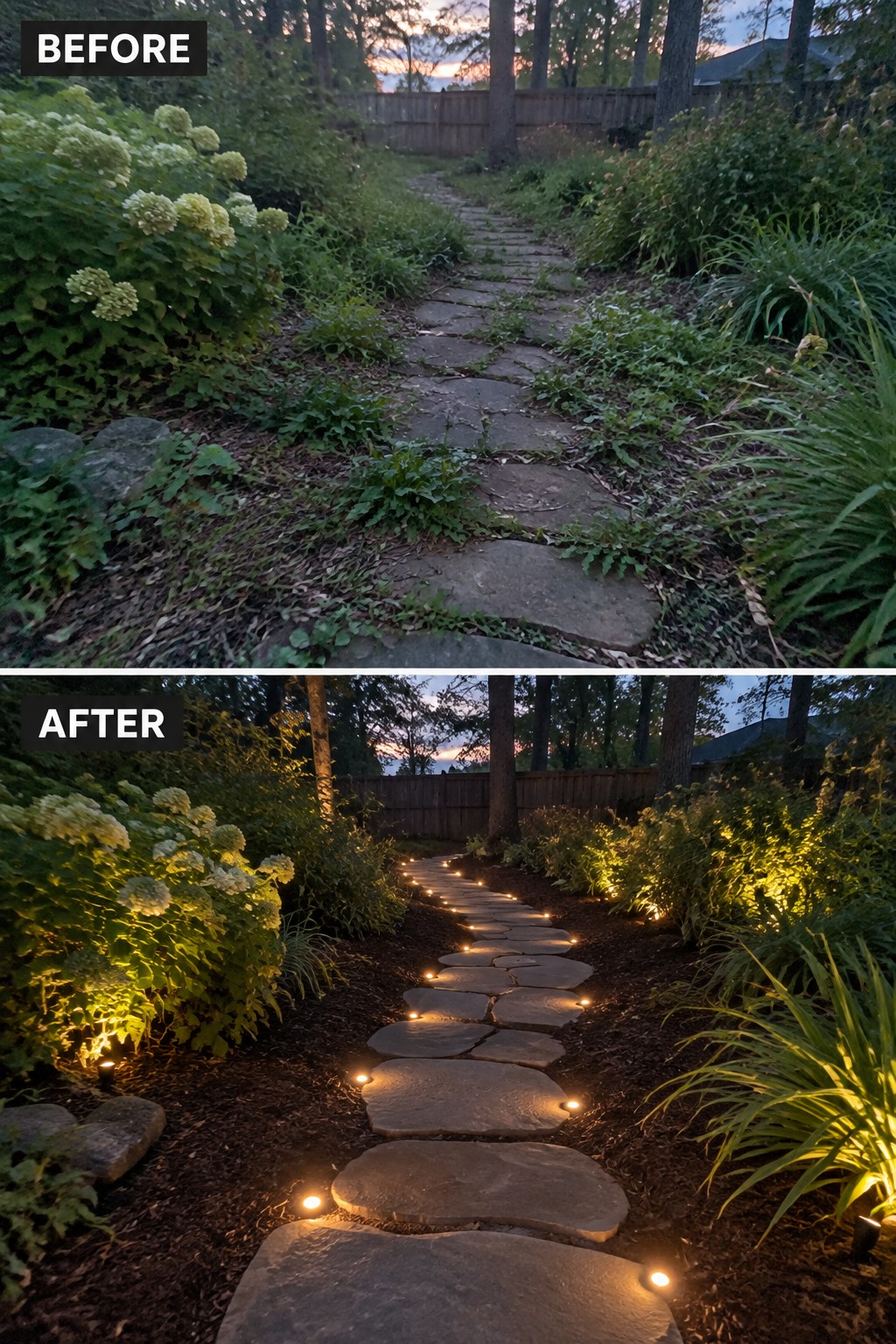 Before and after of overgrown stone path transformed with glowing landscape lights.