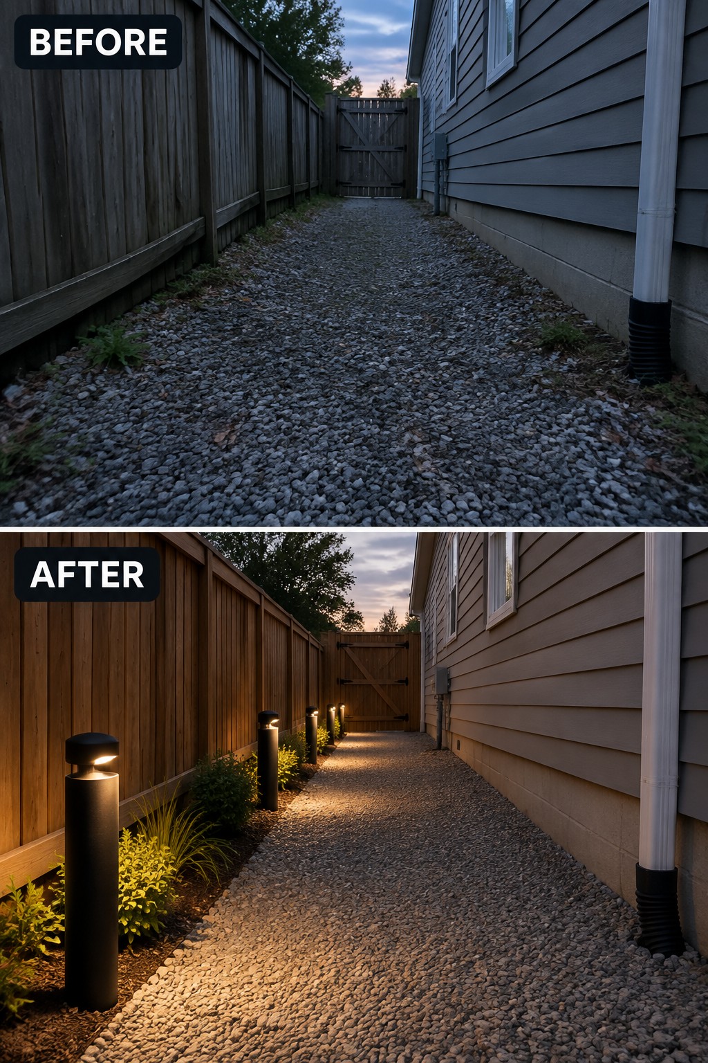 Before-and-after view of gravel path with added bollard lights, fence, and plants